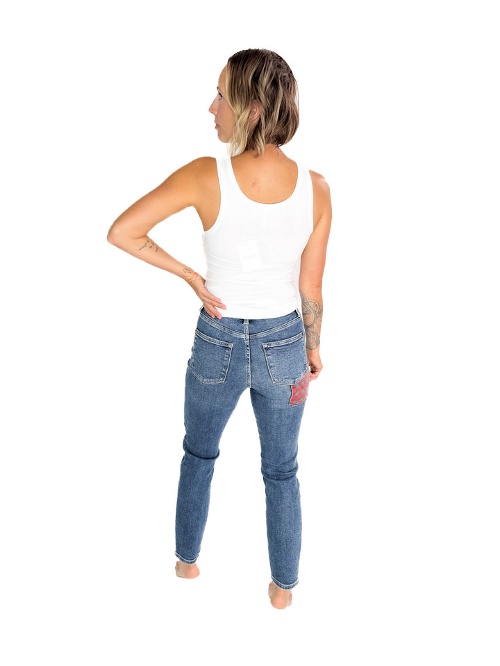 JUDY BLUE Hardy Plaid Patch Slim Straight Leg Jean
