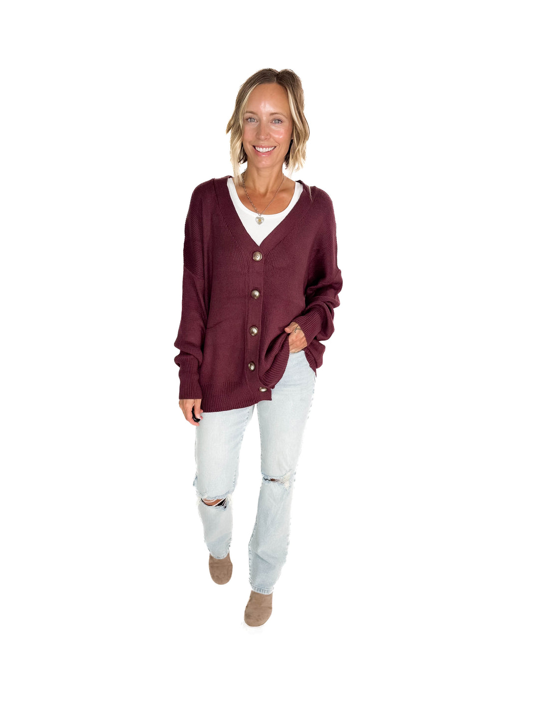 Oli Oversized Cotton Button Down Cardigan- PLUM