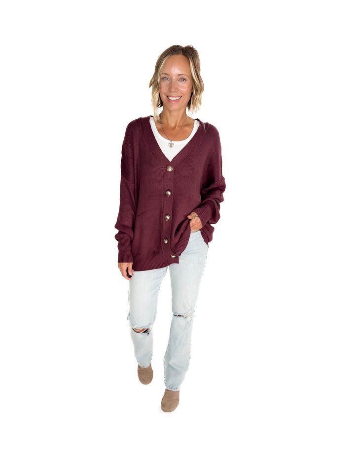 Oli Oversized Cotton Button Down Cardigan- PLUM