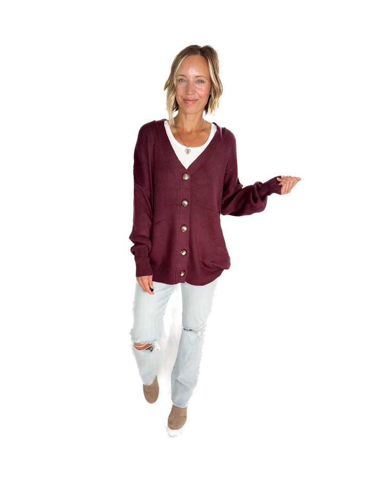 Oli Oversized Cotton Button Down Cardigan- PLUM