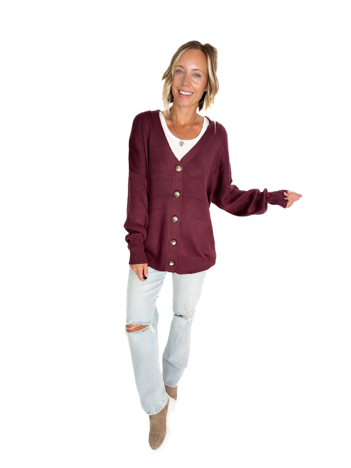 Oli Oversized Cotton Button Down Cardigan- PLUM