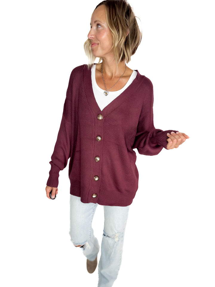 Oli Oversized Cotton Button Down Cardigan- PLUM