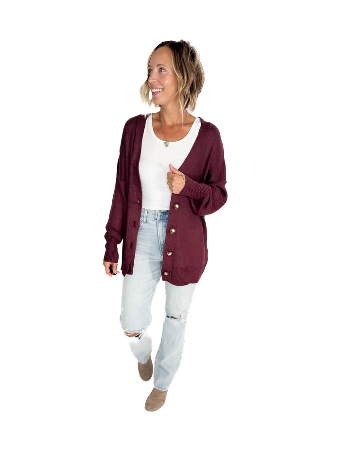 Oli Oversized Cotton Button Down Cardigan- PLUM