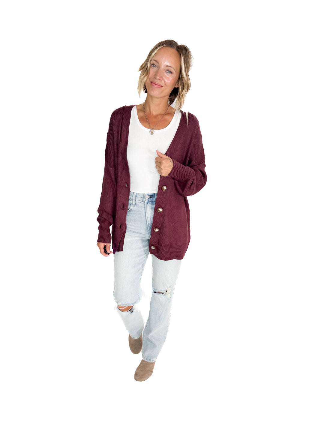 Oli Oversized Cotton Button Down Cardigan- PLUM