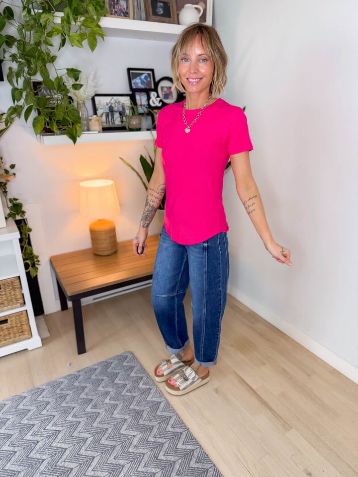 Odette Ribbed Short Sleeve- HOT PINK