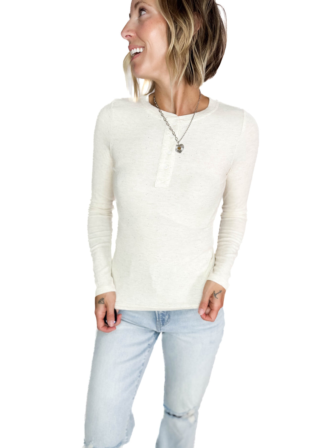 Lizza Confetti Detail Henley- OATMEAL