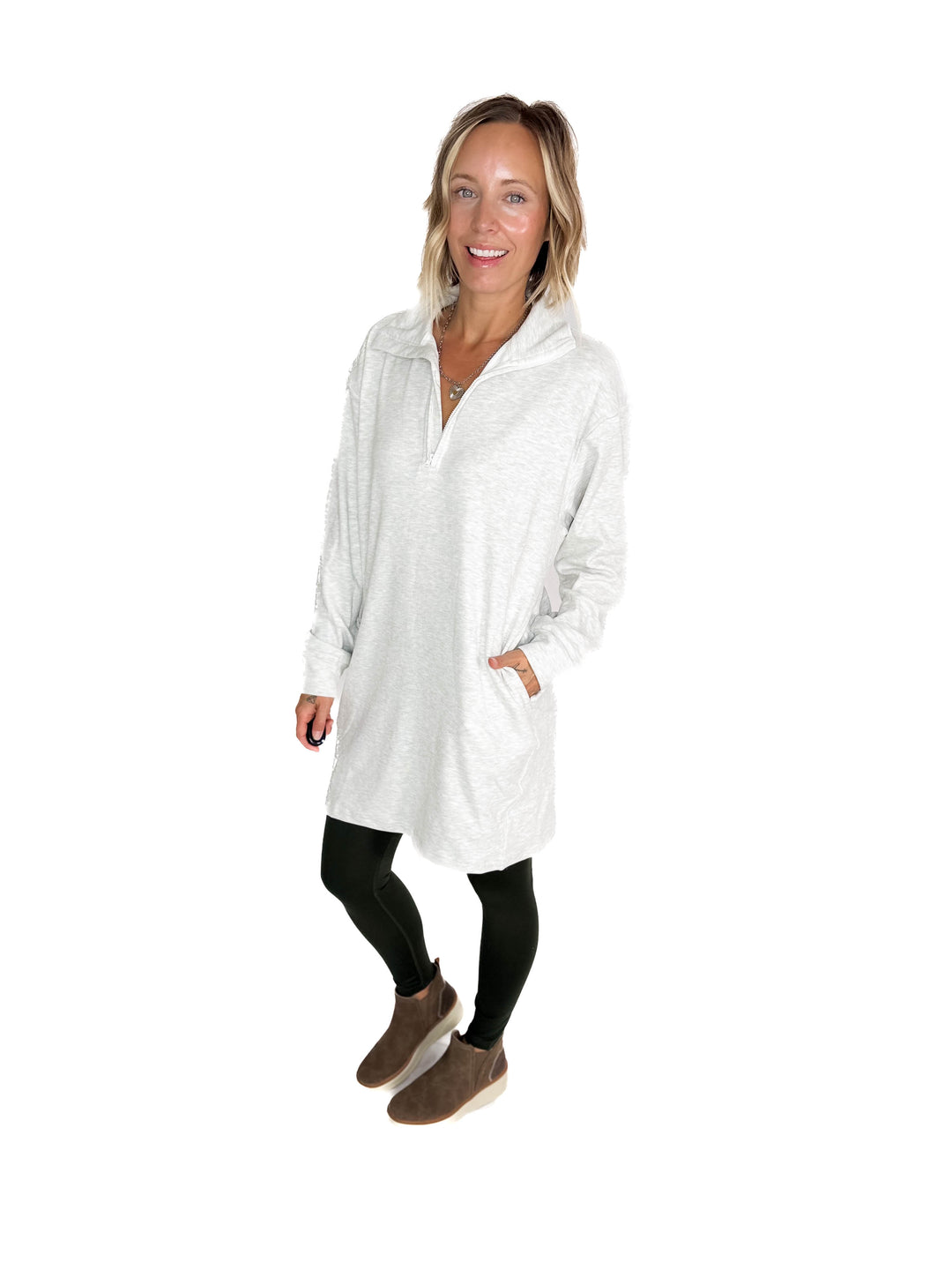 Logan 1/4 Zip Tunic Pullover- HTHR GREY