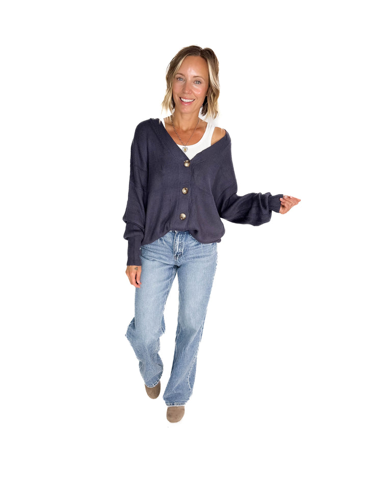 Oli Oversized Cotton Button Down Cardigan- GREY BLUE