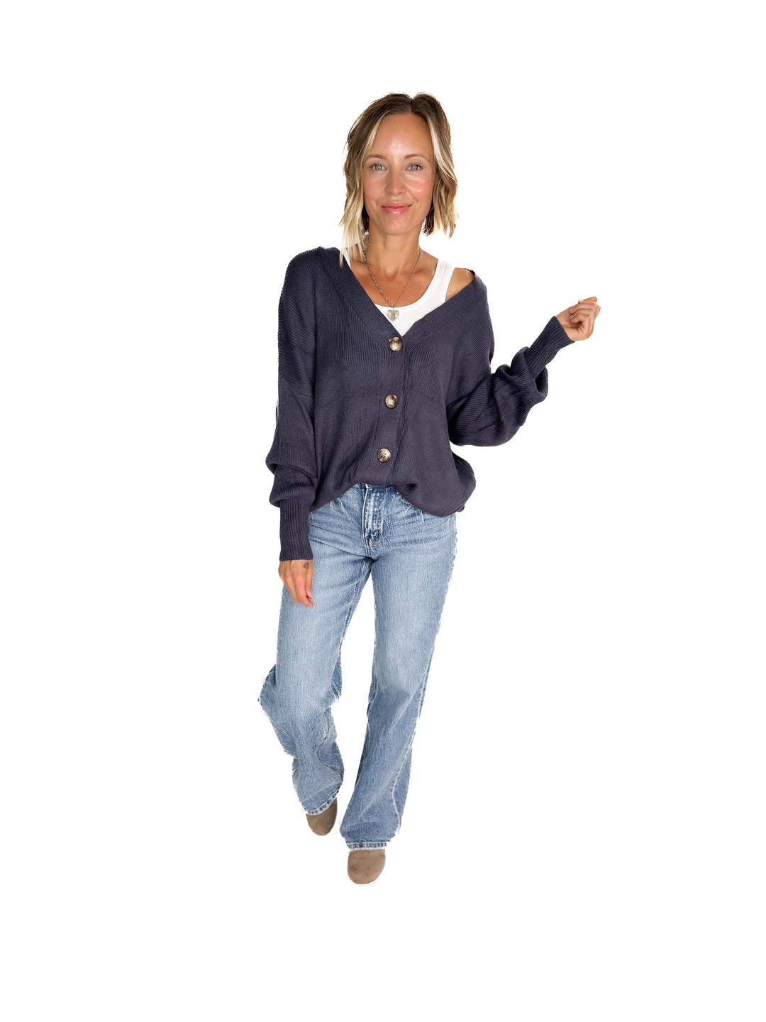 Oli Oversized Cotton Button Down Cardigan- GREY BLUE