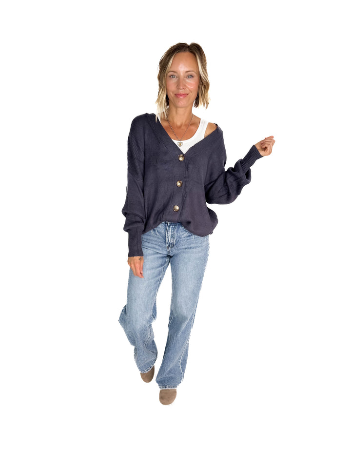 Oli Oversized Cotton Button Down Cardigan- GREY BLUE
