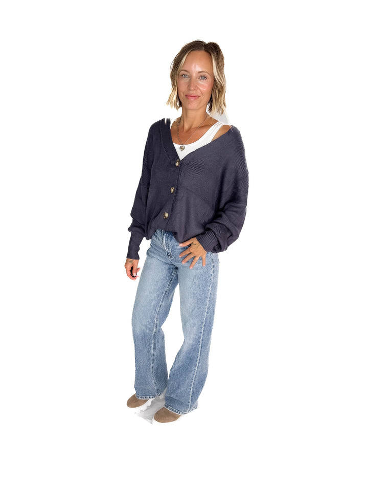 Oli Oversized Cotton Button Down Cardigan- GREY BLUE