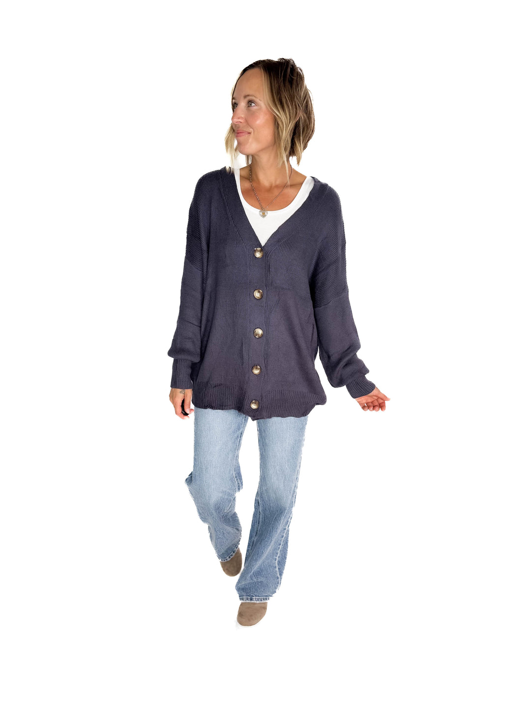 Oli Oversized Cotton Button Down Cardigan- GREY BLUE