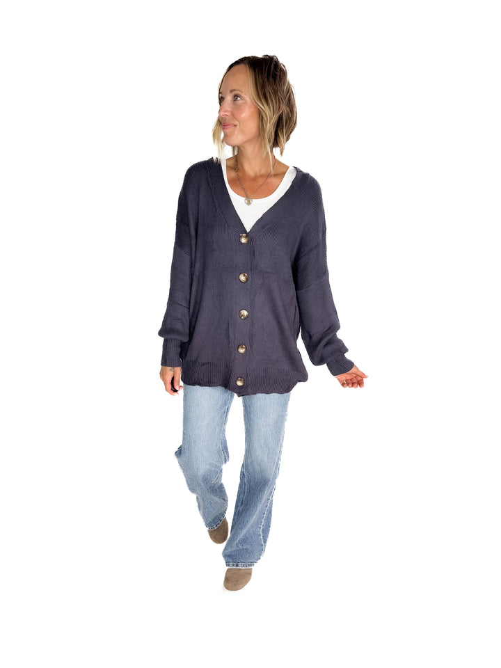 Oli Oversized Cotton Button Down Cardigan- GREY BLUE