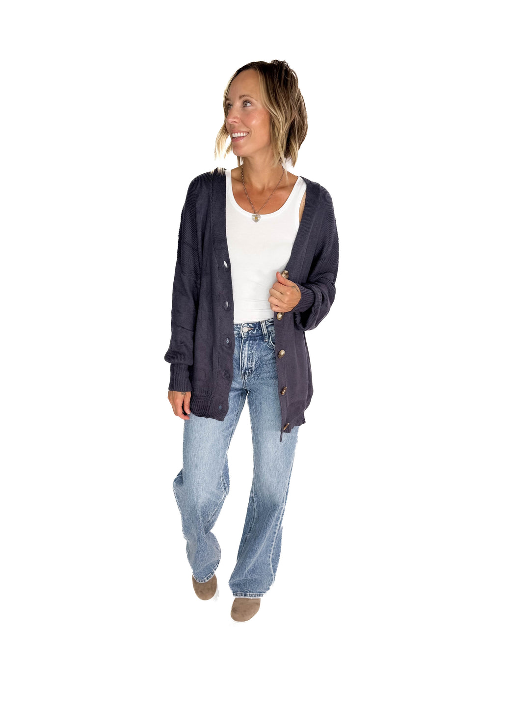 Oli Oversized Cotton Button Down Cardigan- GREY BLUE