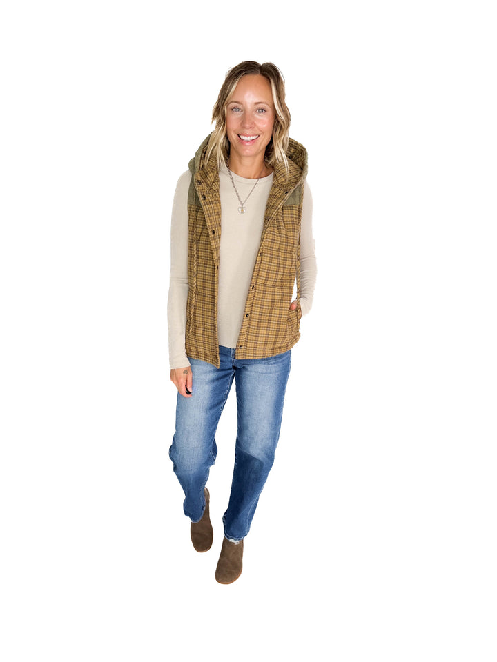 Larissa Corduroy Mixed Plaid Puffer Vest- MUSTARD