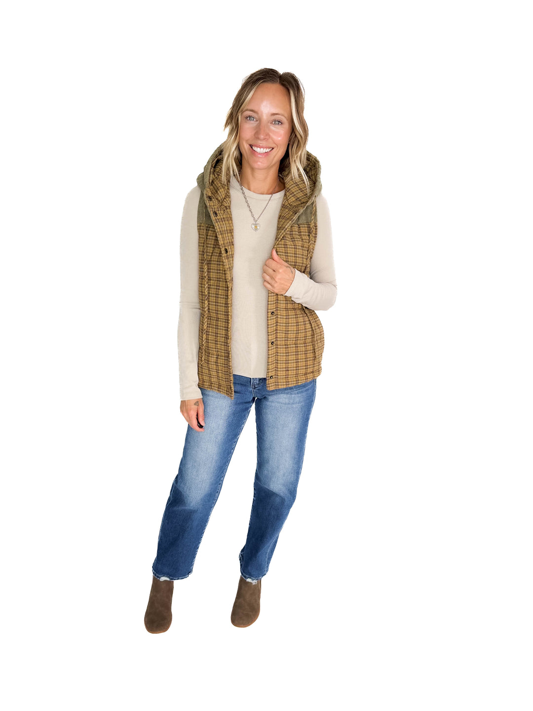 Larissa Corduroy Mixed Plaid Puffer Vest- MUSTARD