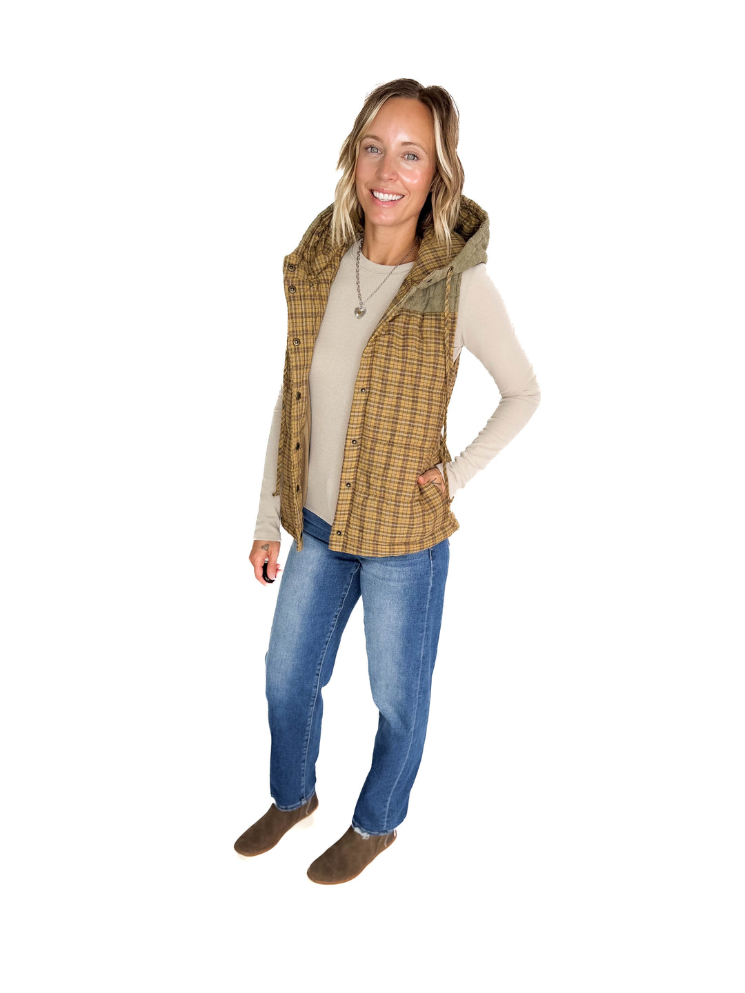 Larissa Corduroy Mixed Plaid Puffer Vest- MUSTARD
