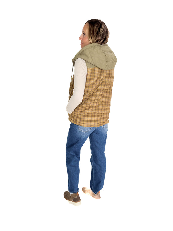 Larissa Corduroy Mixed Plaid Puffer Vest- MUSTARD