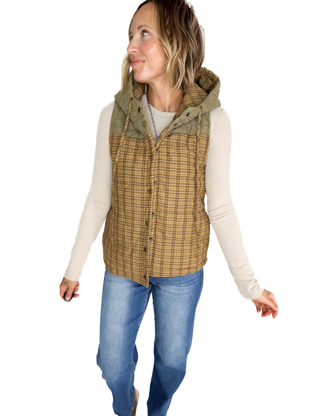 Larissa Corduroy Mixed Plaid Puffer Vest- MUSTARD
