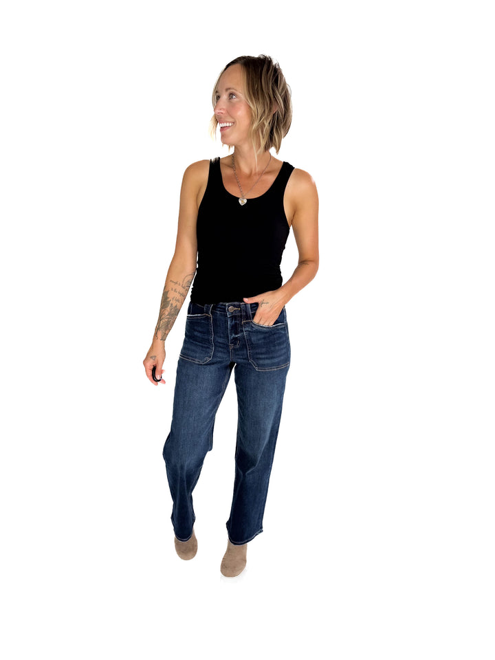 MICA Bonnie High Rise Patch Pocket Jean- DARK