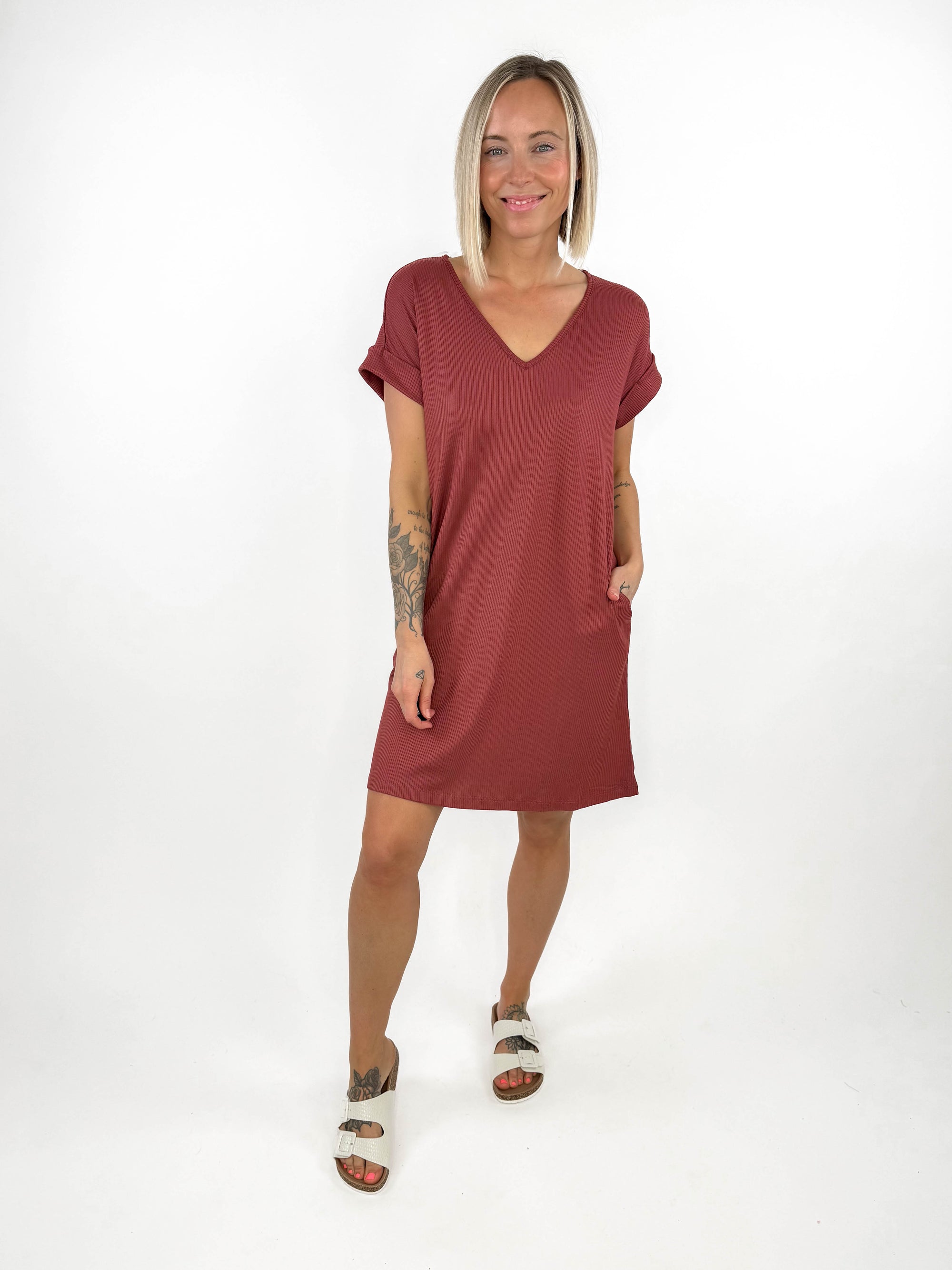 Dallas Rib Knit T-Shirt Dress- MARSALA-FINAL SALE