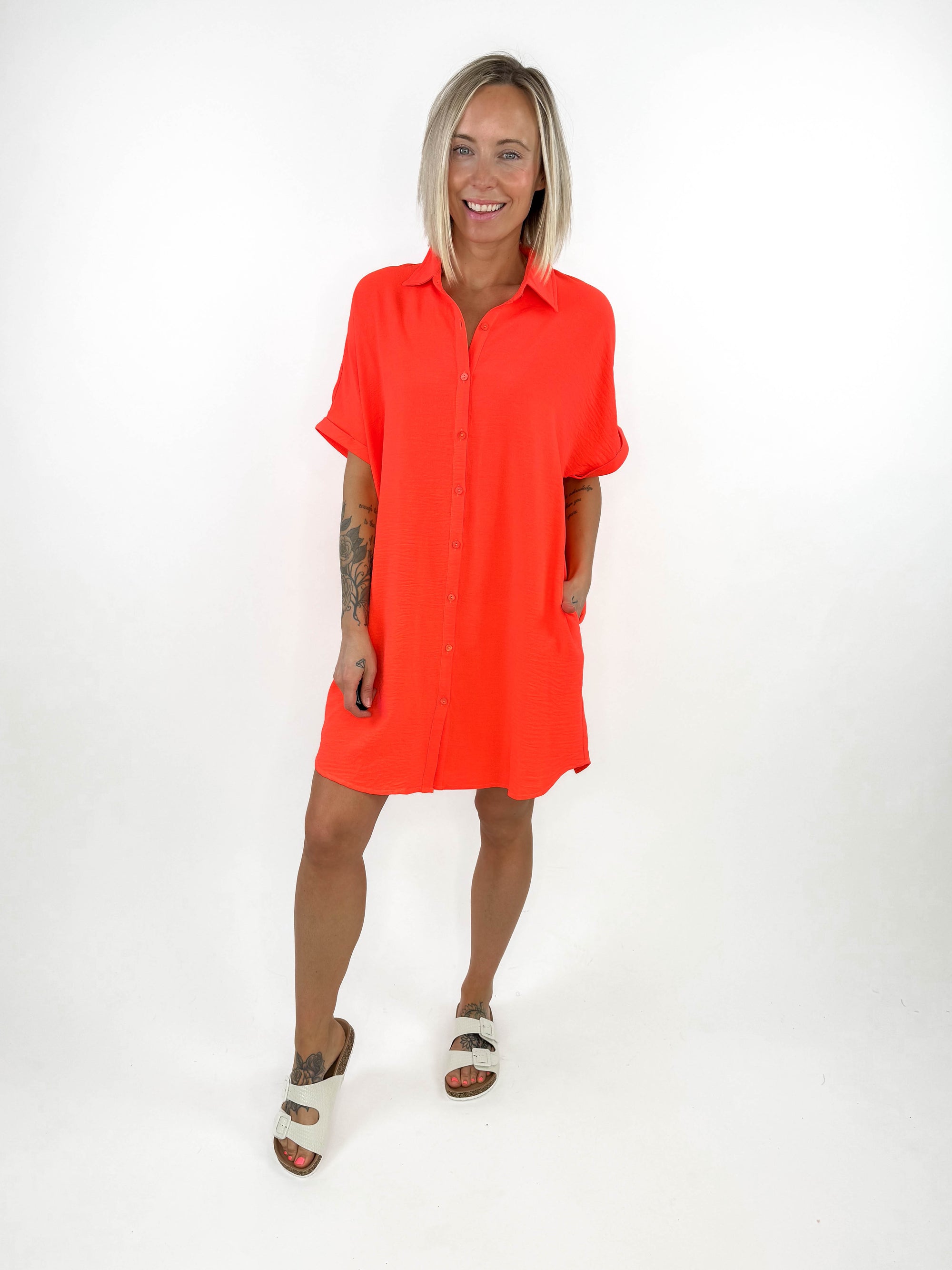 Never Ending Airflow Shirt Dress- NEON CORAL