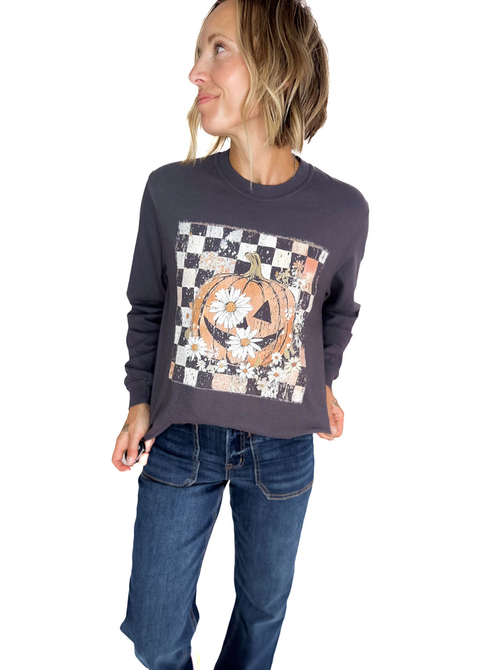 Checkered Pumpkin Graphic Long Sleeve- CHARCOAL