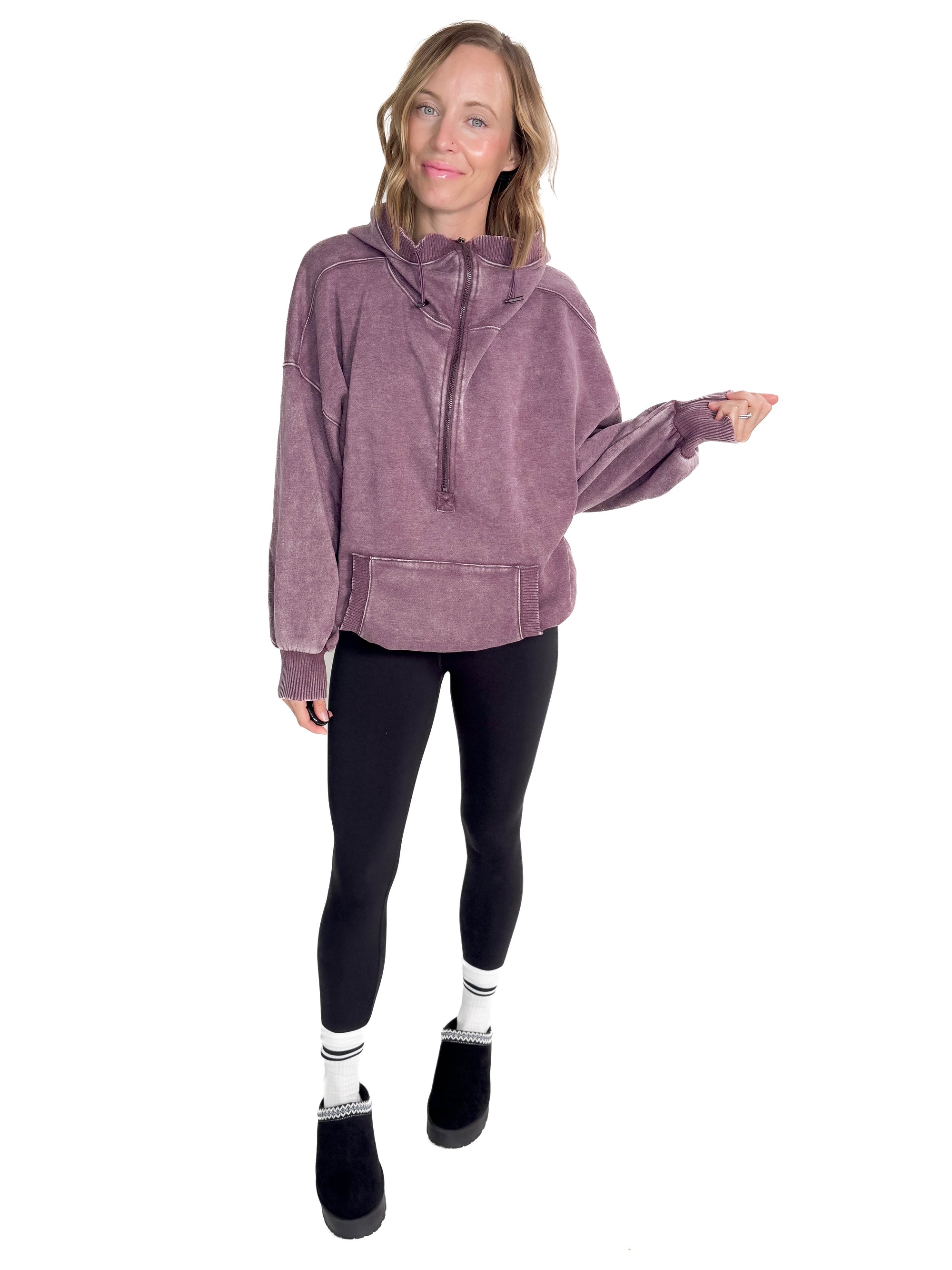 Lexie Hem Half Zip Hoodie- EGGPLANT