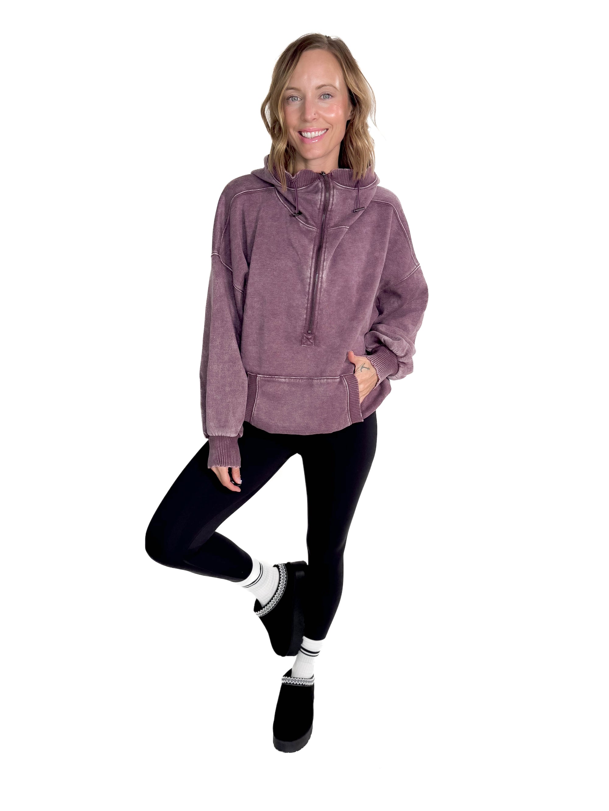 Lexie Hem Half Zip Hoodie- EGGPLANT