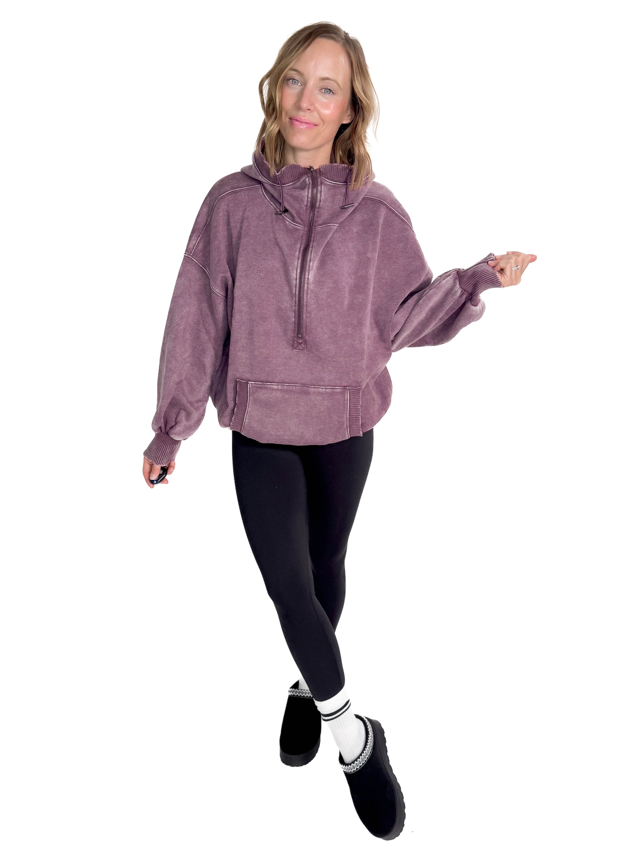 Lexie Hem Half Zip Hoodie- EGGPLANT