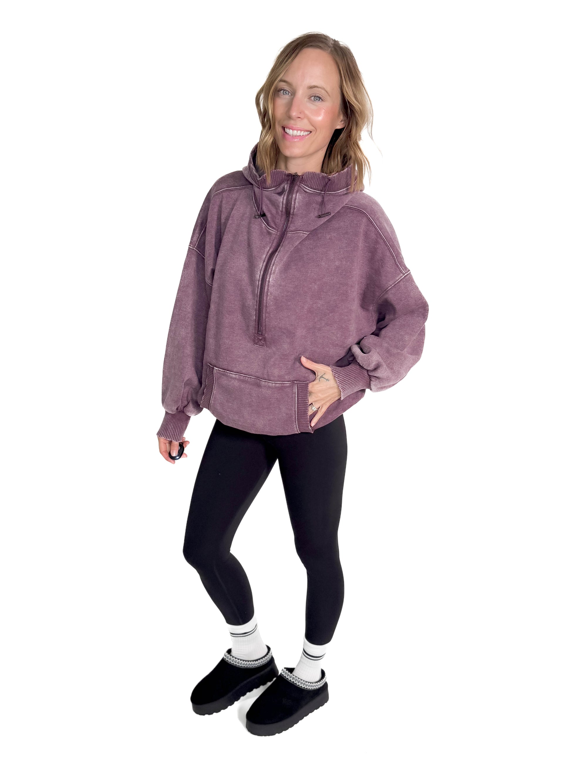 Lexie Hem Half Zip Hoodie- EGGPLANT-FINAL SALE