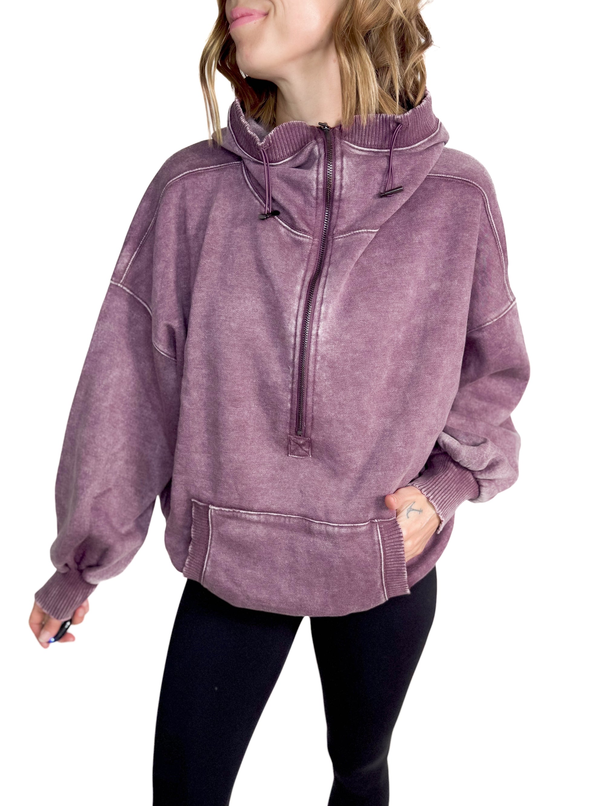 Lexie Hem Half Zip Hoodie- EGGPLANT-FINAL SALE