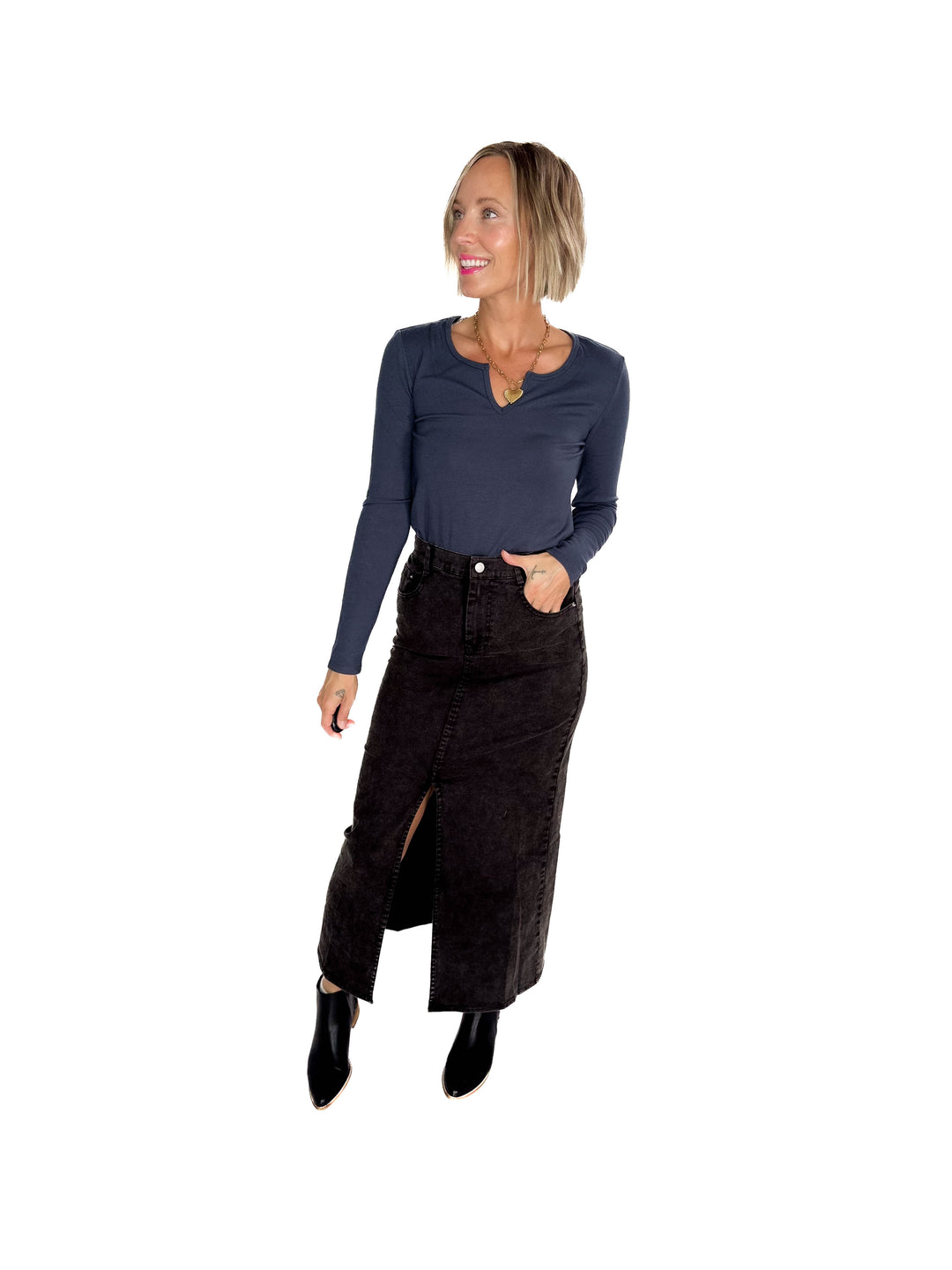 Matilda Elastic Waist Twill  Maxi Skirt- BLACK