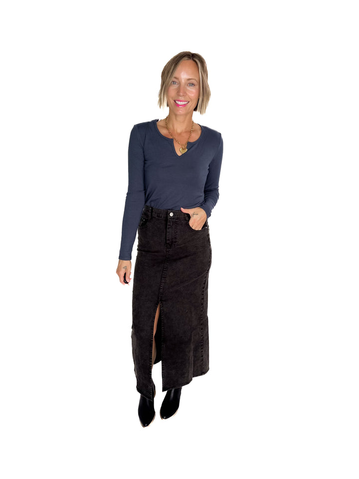 Matilda Elastic Waist Twill  Maxi Skirt- BLACK