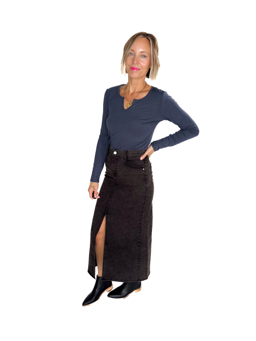 Matilda Elastic Waist Twill  Maxi Skirt- BLACK