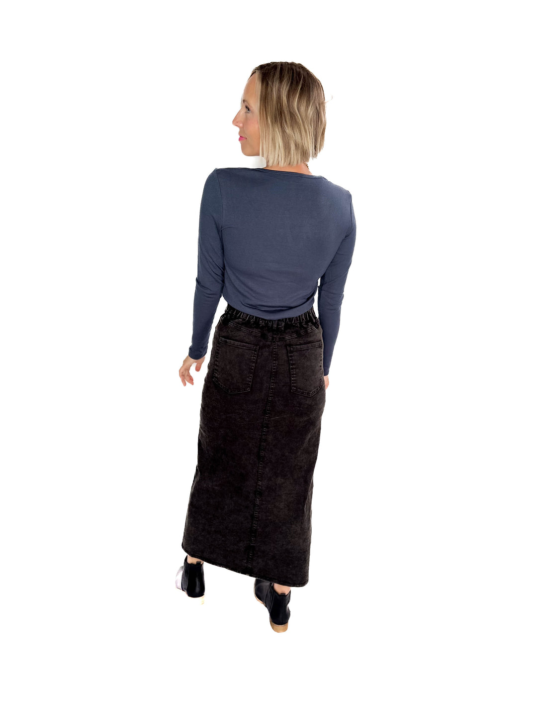 Matilda Elastic Waist Twill  Maxi Skirt- BLACK