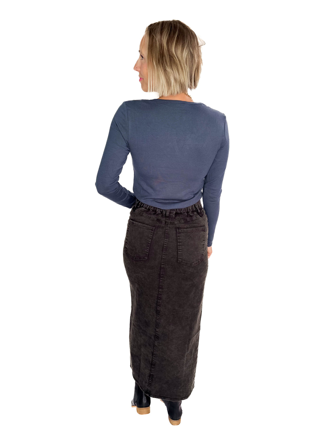 Matilda Elastic Waist Twill  Maxi Skirt- BLACK