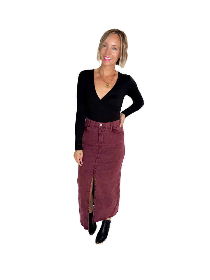Matilda Elastic Waist Twill  Maxi Skirt- PLUM