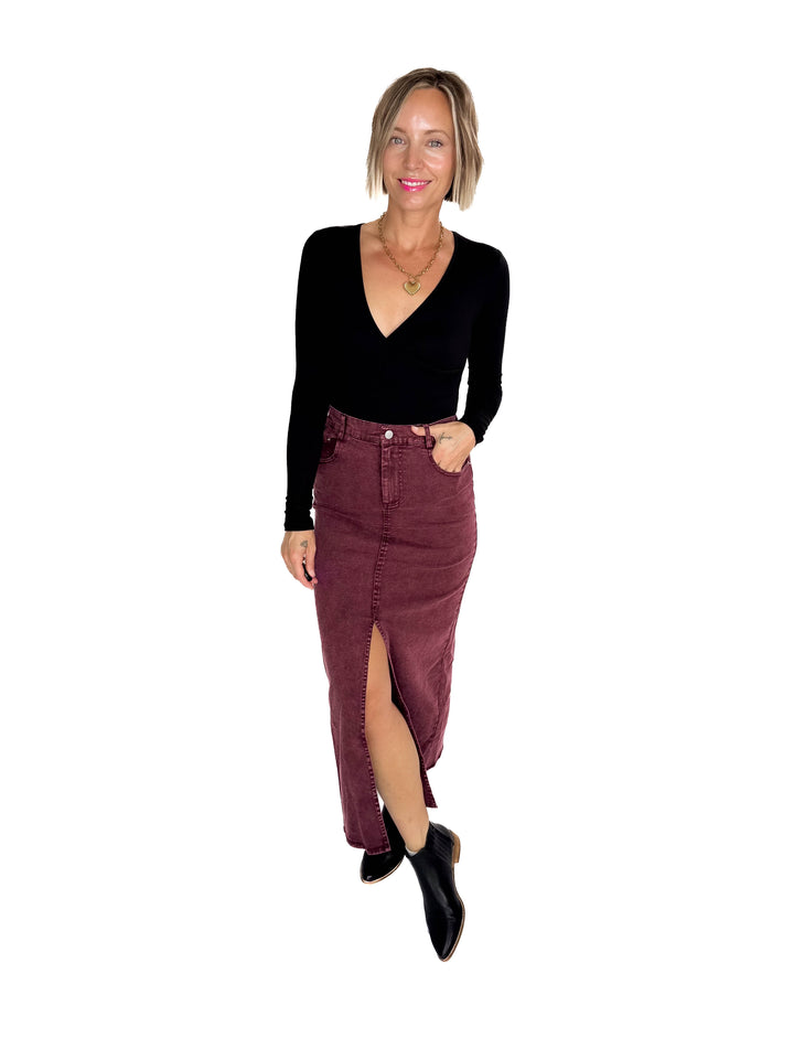 Matilda Elastic Waist Twill  Maxi Skirt- PLUM