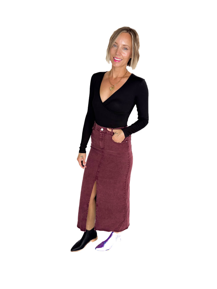 Matilda Elastic Waist Twill  Maxi Skirt- PLUM