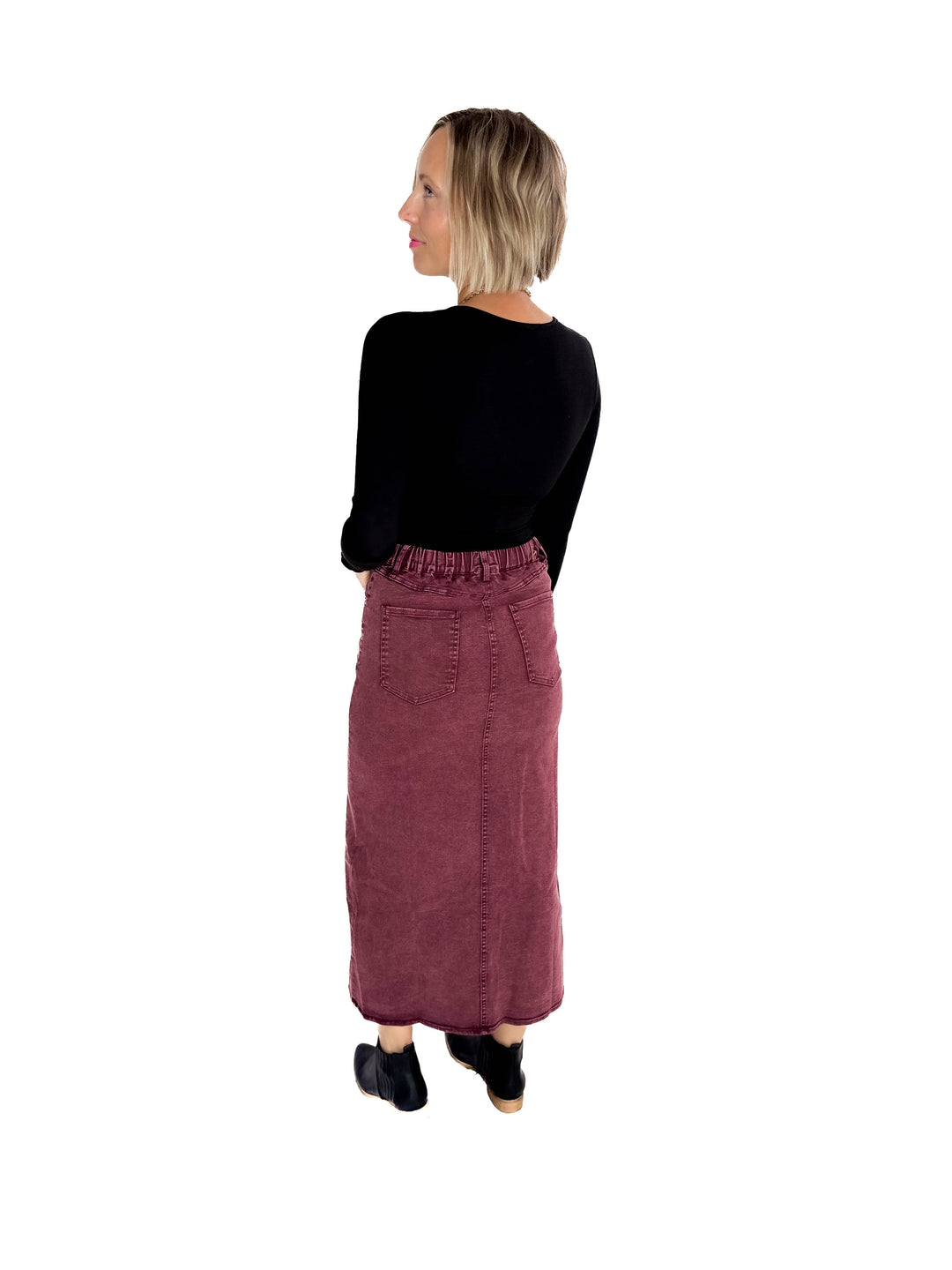 Matilda Elastic Waist Twill  Maxi Skirt- PLUM