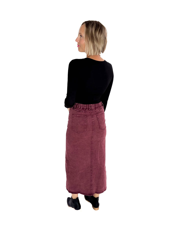 Matilda Elastic Waist Twill  Maxi Skirt- PLUM