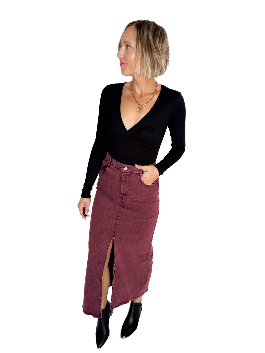 Matilda Elastic Waist Twill  Maxi Skirt- PLUM