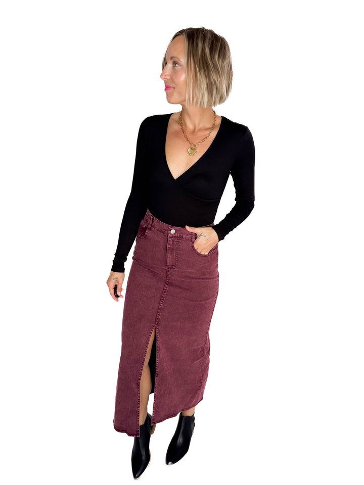 Matilda Elastic Waist Twill  Maxi Skirt- PLUM