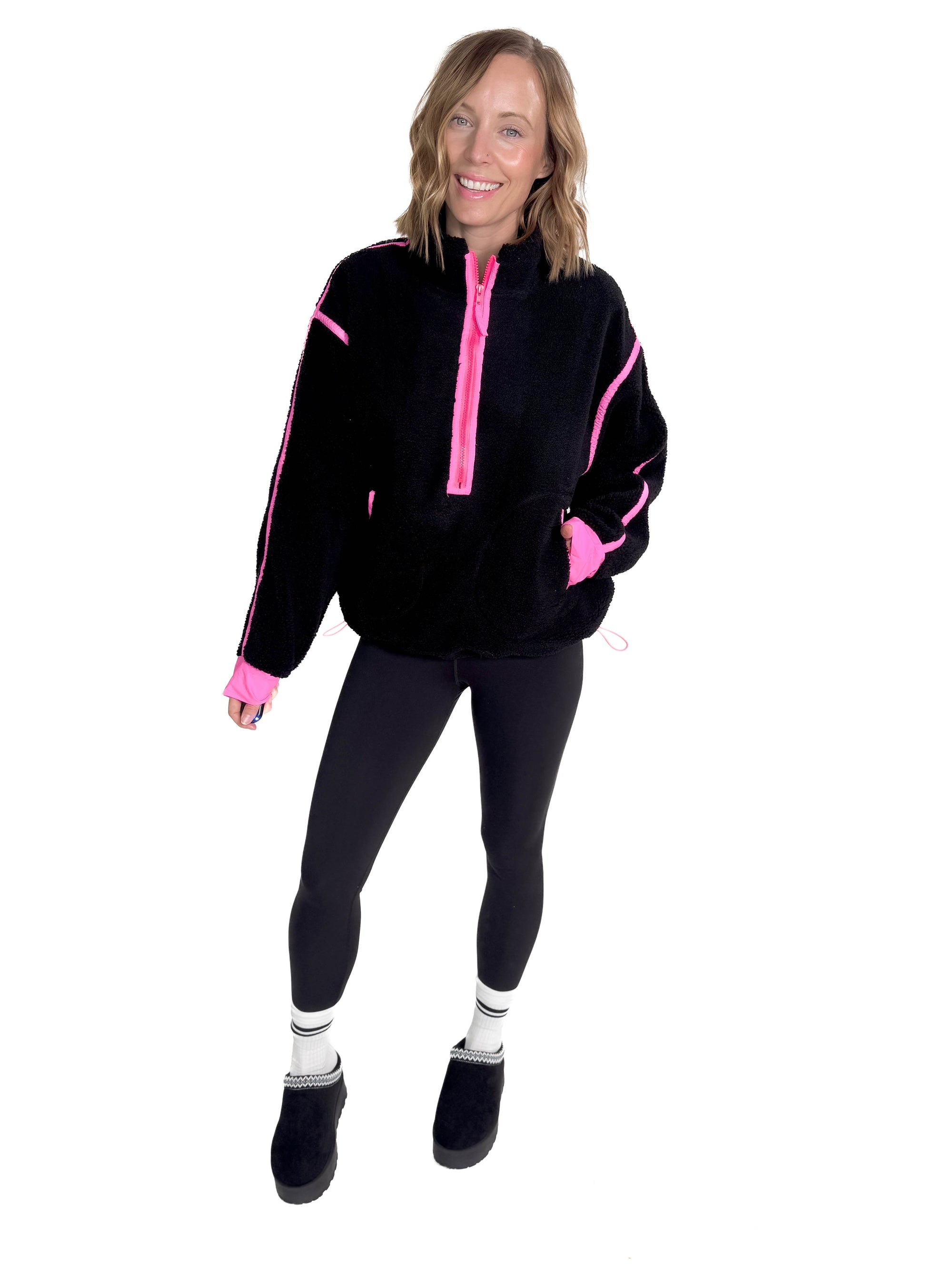 Ayla Contrast Edge Half Zip Sherpa- BLACK/NEON PINK