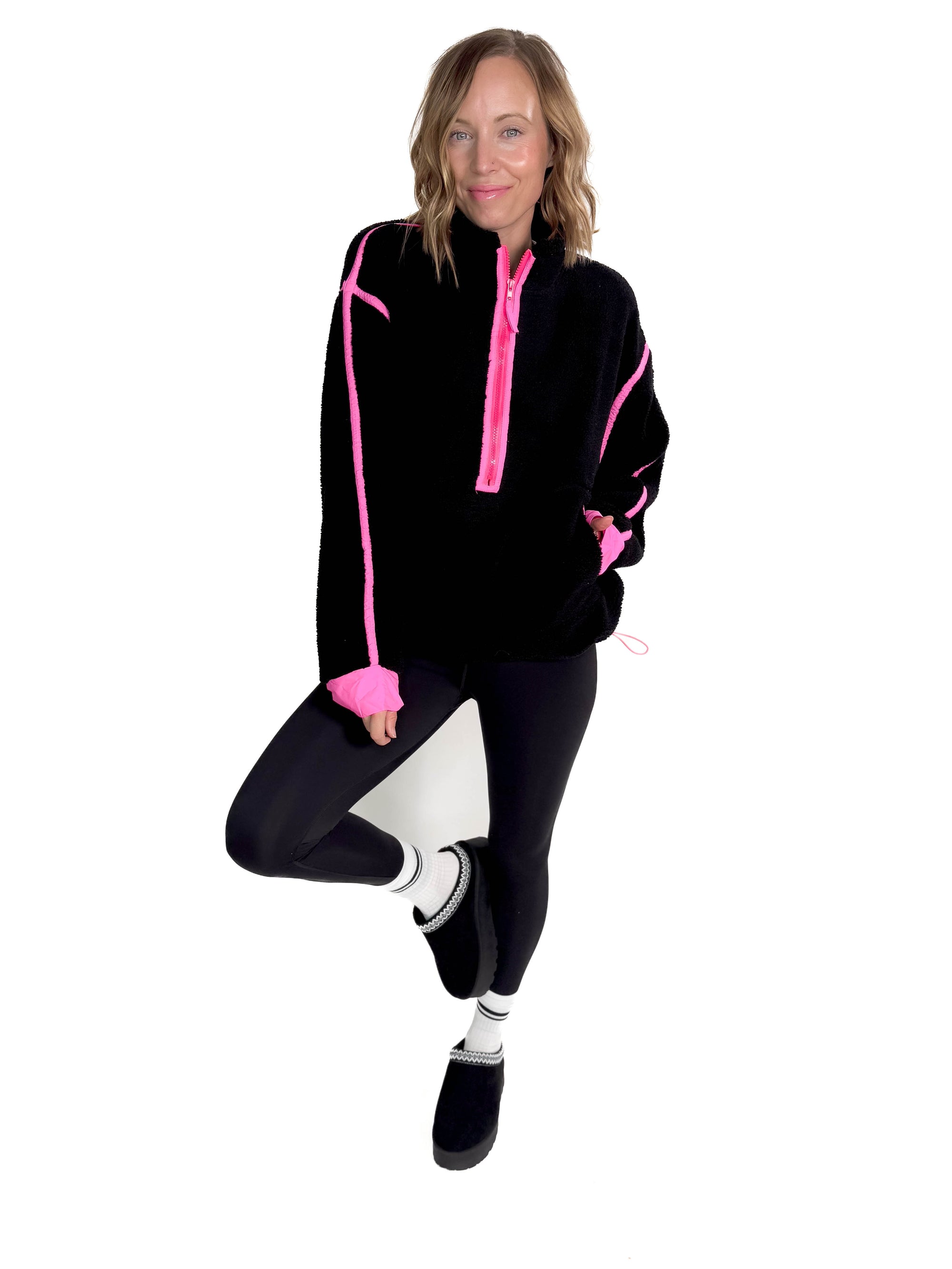 Ayla Contrast Edge Half Zip Sherpa- BLACK/NEON PINK