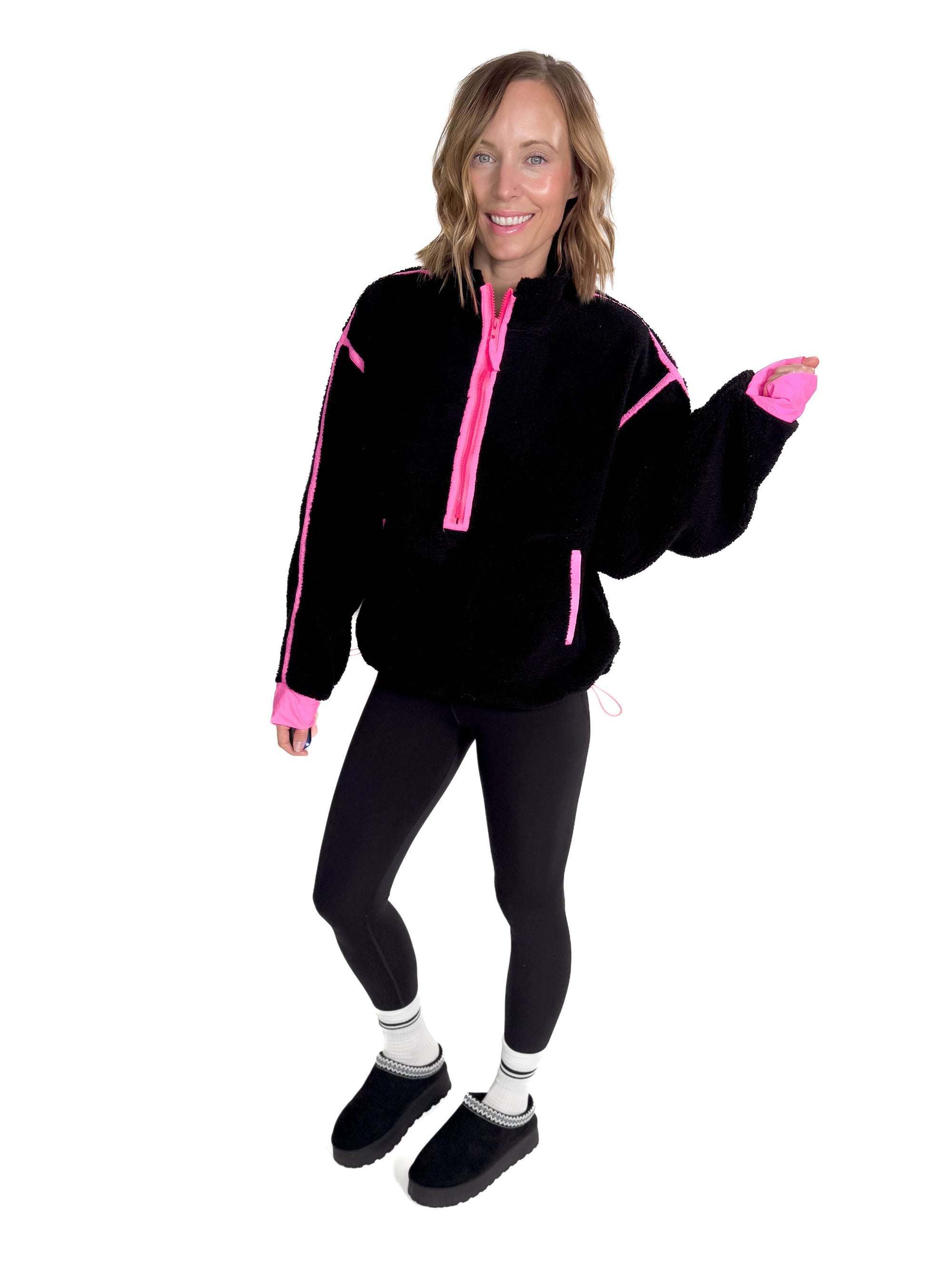 Ayla Contrast Edge Half Zip Sherpa- BLACK/NEON P-FINAL SALEINK