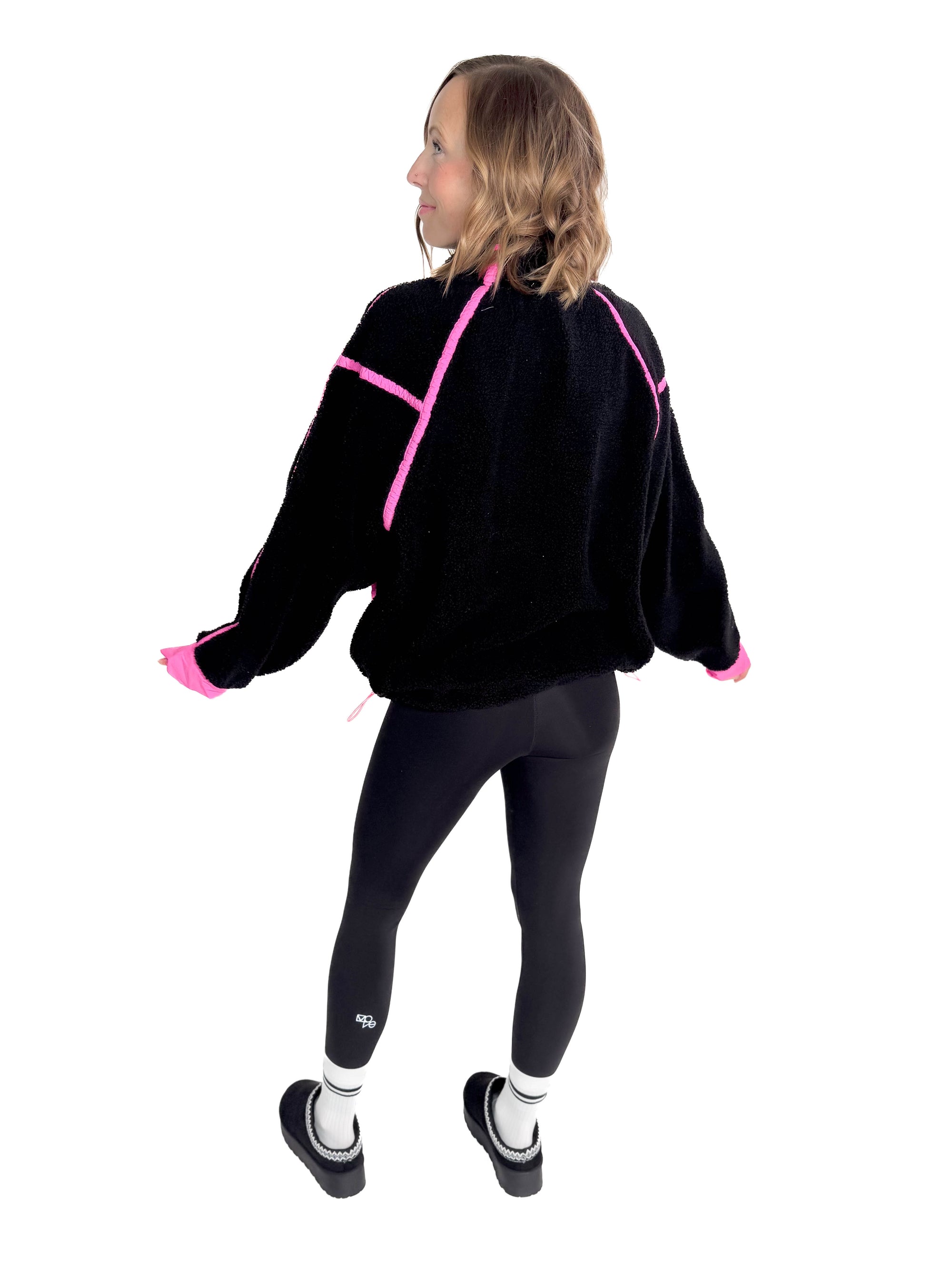 Ayla Contrast Edge Half Zip Sherpa- BLACK/NEON PINK