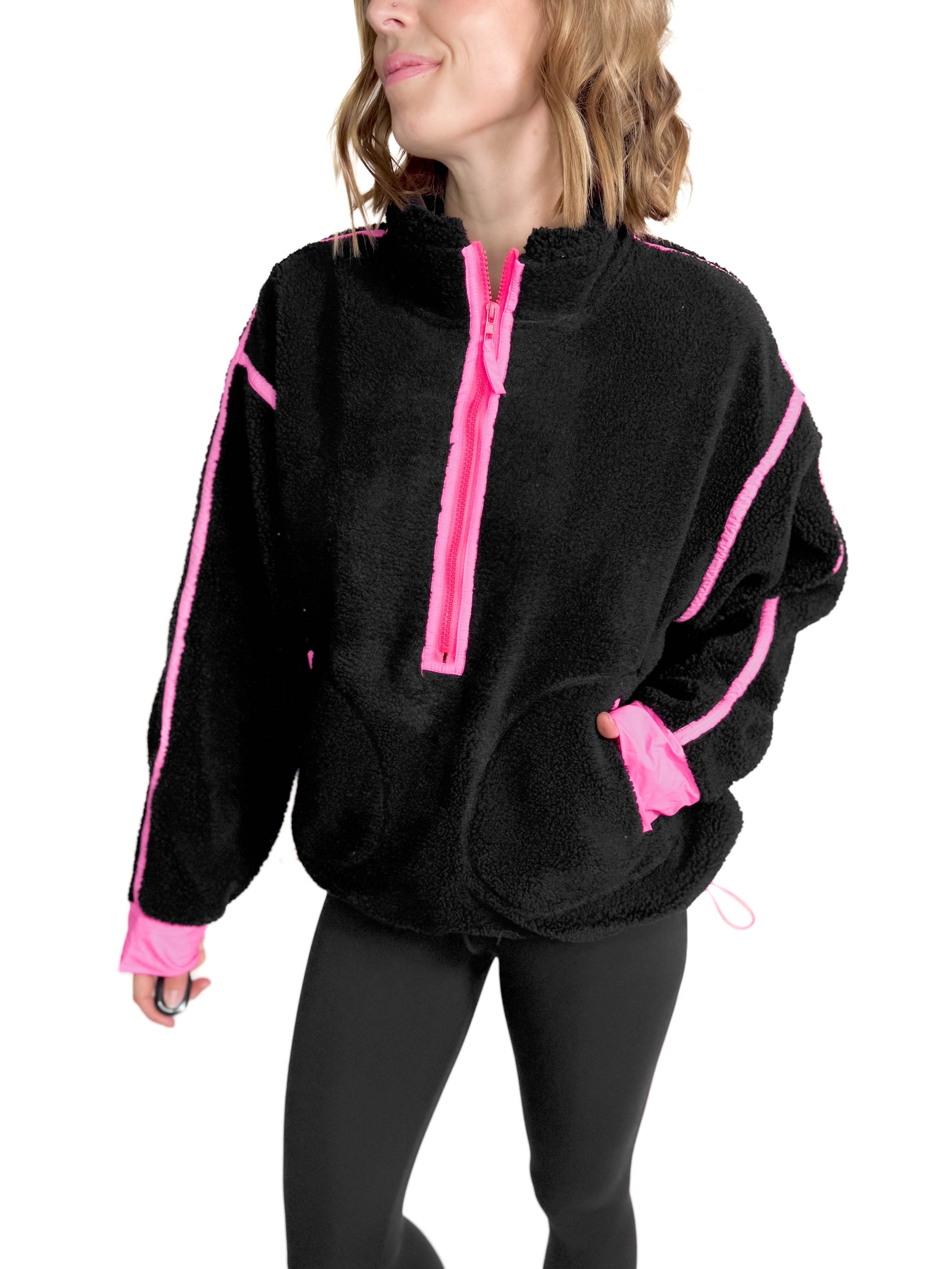 Ayla Contrast Edge Half Zip Sherpa- BLACK/NEON P-FINAL SALEINK