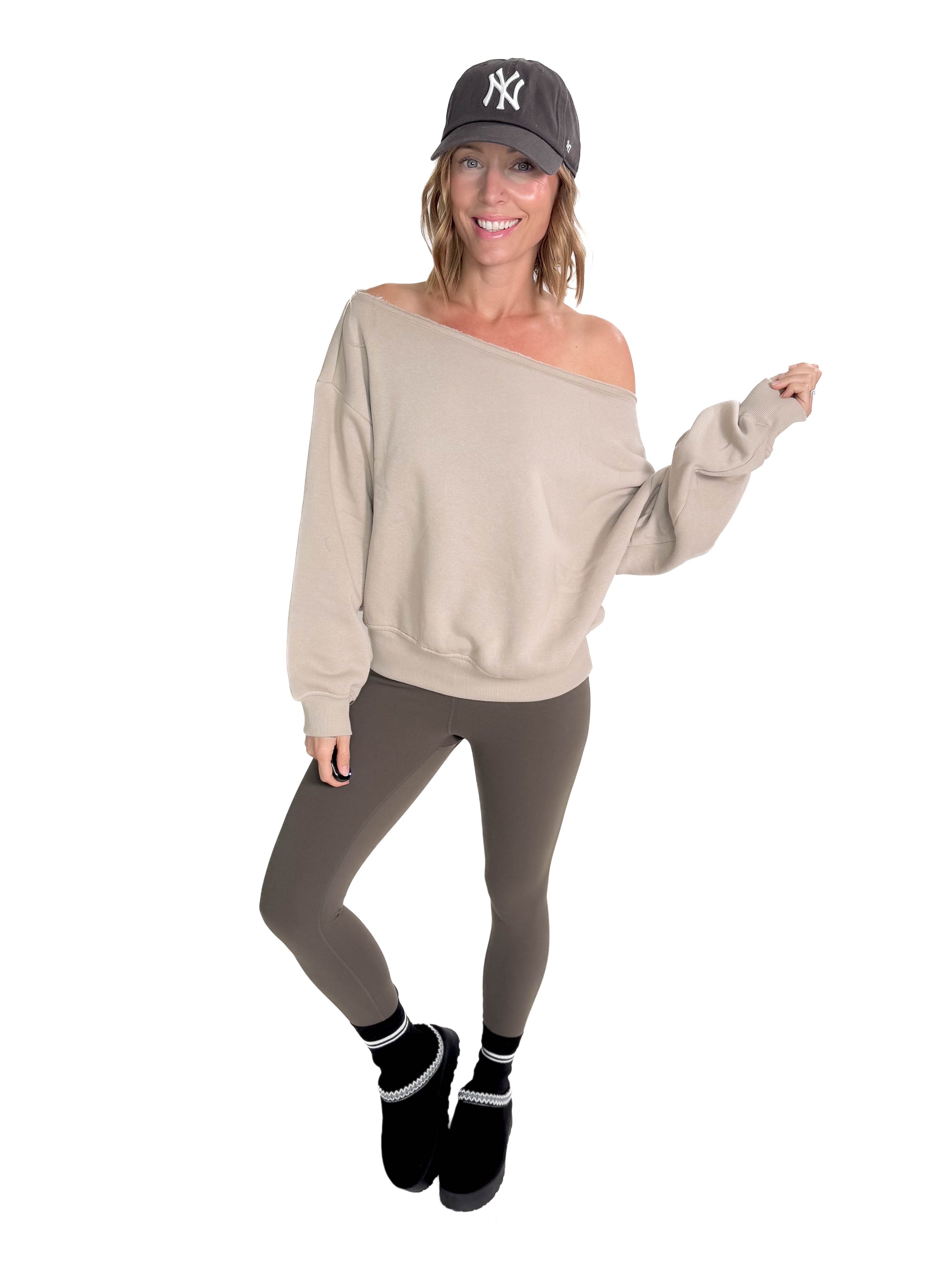 Janice Fleece Off Shoulder Top- TAUPE